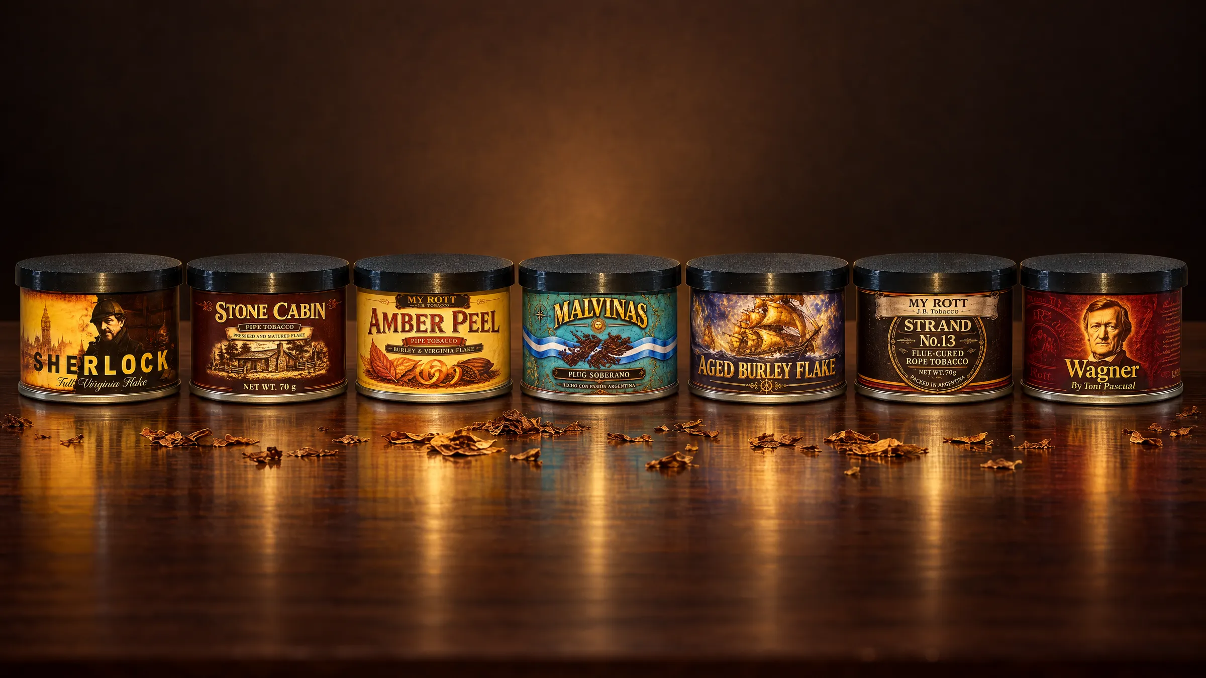 Las siete latas MYROTT de 70g: Sherlock, Stone Cabin, Amber Peel, Malvinas, Aged Burley Flake, Strand No.13 y Wagner